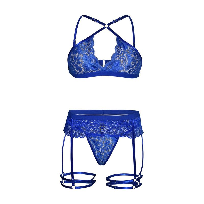 ELECTRIK LINGERIE - Set de 3 Piezas en Encaje Azul, ¡Sensualidad Deslumbrante!
