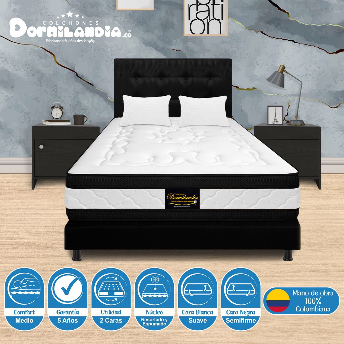 DORMILANDIA - Mega combo colchón semidoble 120x190 resortado híbrido - base cama entera - cabecero - almohadas