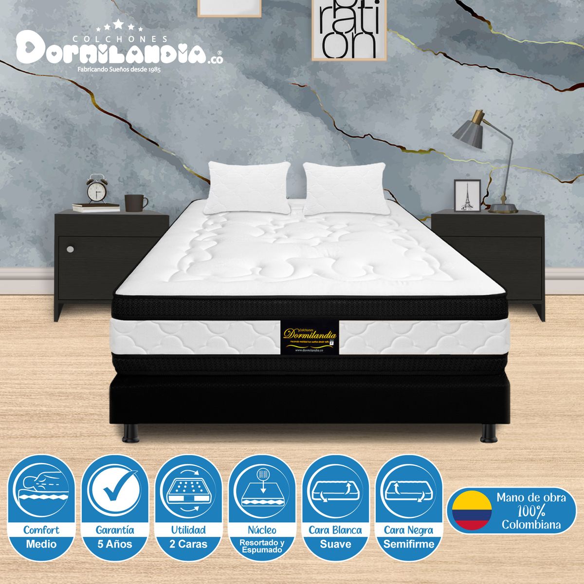 DORMILANDIA - Combo colchón king 200x200 resortado híbrido - base cama dividida - almohadas