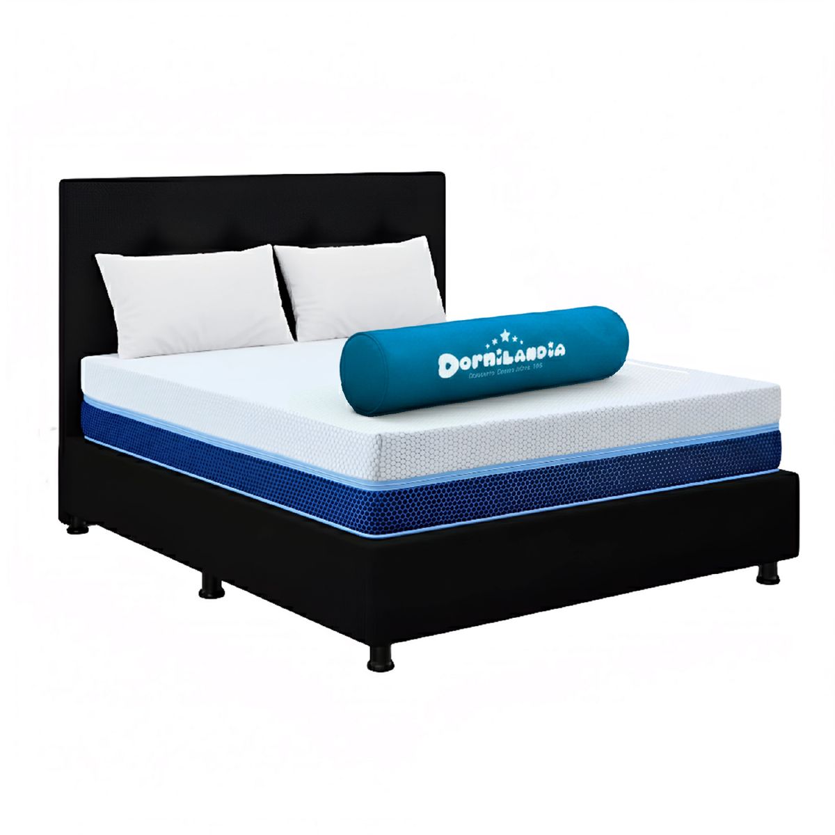 DORMILANDIA - Mega Combo Colchón Multisleep Cover Enrollado Doble Negro Más Base Cama, Cabecero y 2 Almohadas