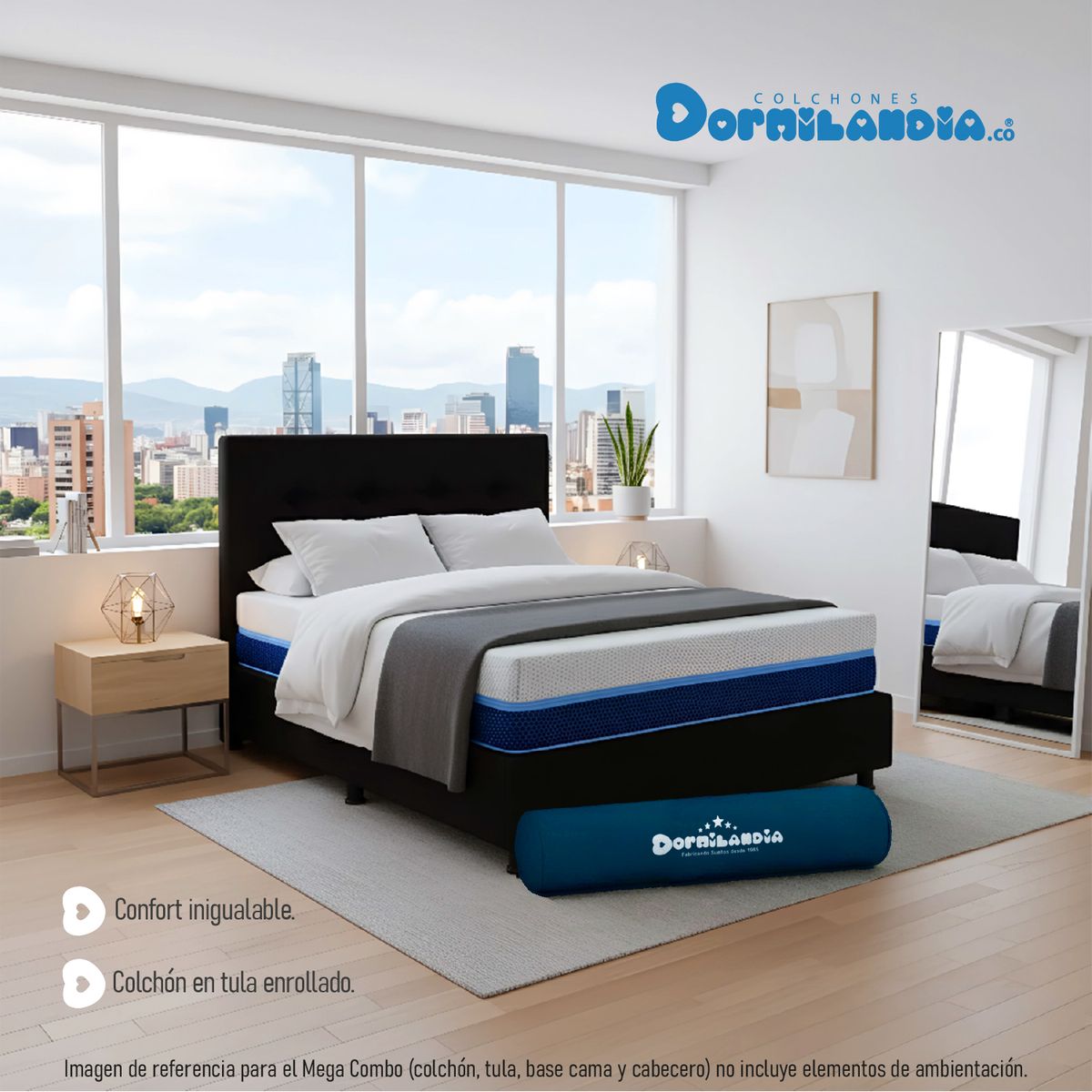 DORMILANDIA - Mega Combo Colchón Multisleep Cover Enrollado Doble Negro Más Base Cama, Cabecero y 2 Almohadas