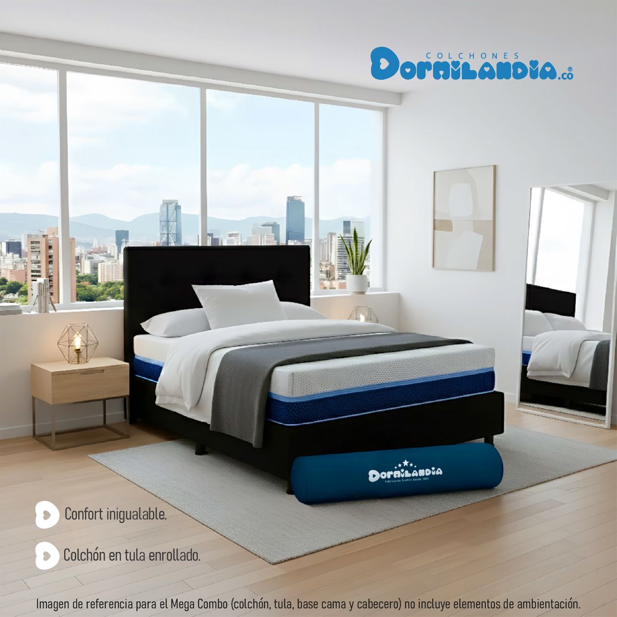 DORMILANDIA - Mega Combo Colchón Multisleep Cover Enrollado Sencillo Negro Más Base Cama, Cabecero y 1 Almohada