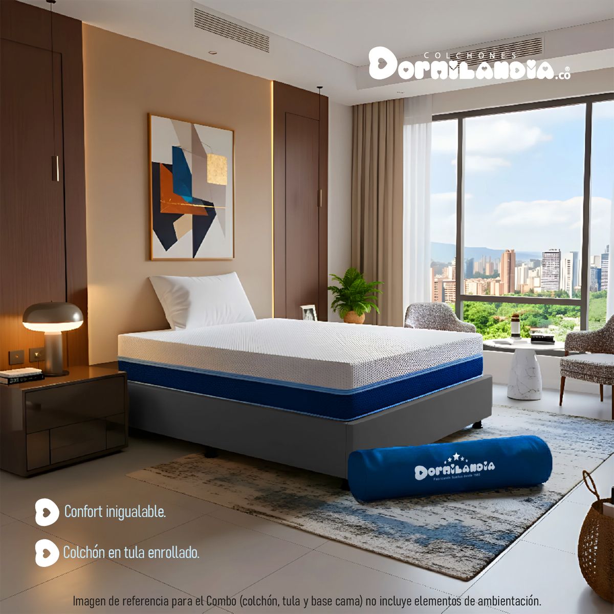 DORMILANDIA - Combo Colchón Multisleep Cover Enrollado Sencillo Gris Más Base Cama y 1 Almohada