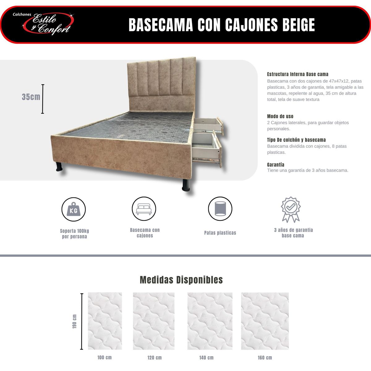 ESTILO Y CONFORT - Basecama con Cajones + Cabecero Beige  140x190