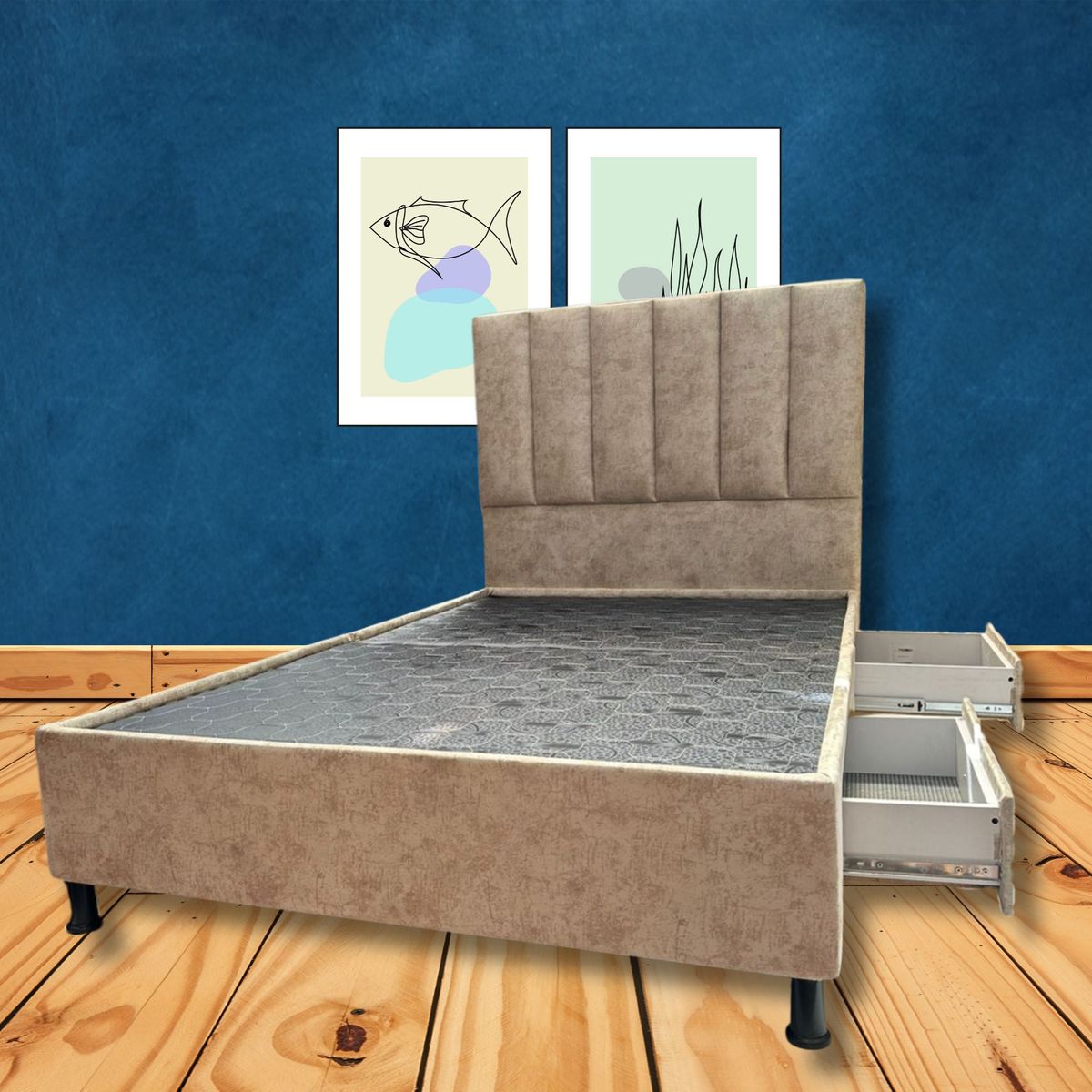 ESTILO Y CONFORT - Basecama con Cajones + Cabecero Beige  140x190