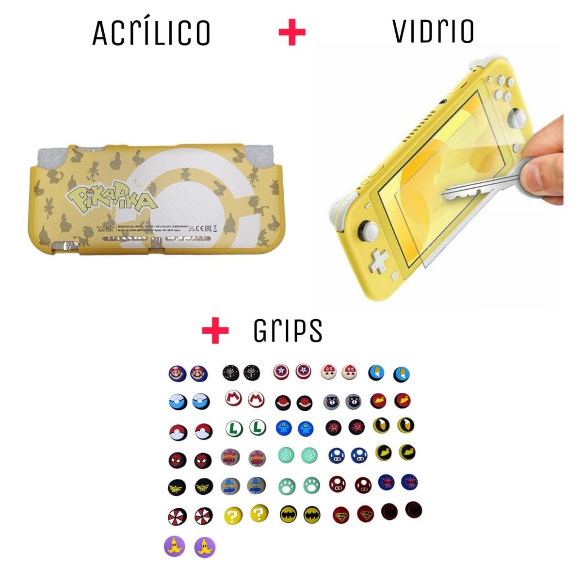 GENERICO - Protector Rigido De Pika + Vidrio + 2 Grips Para Switch Lite