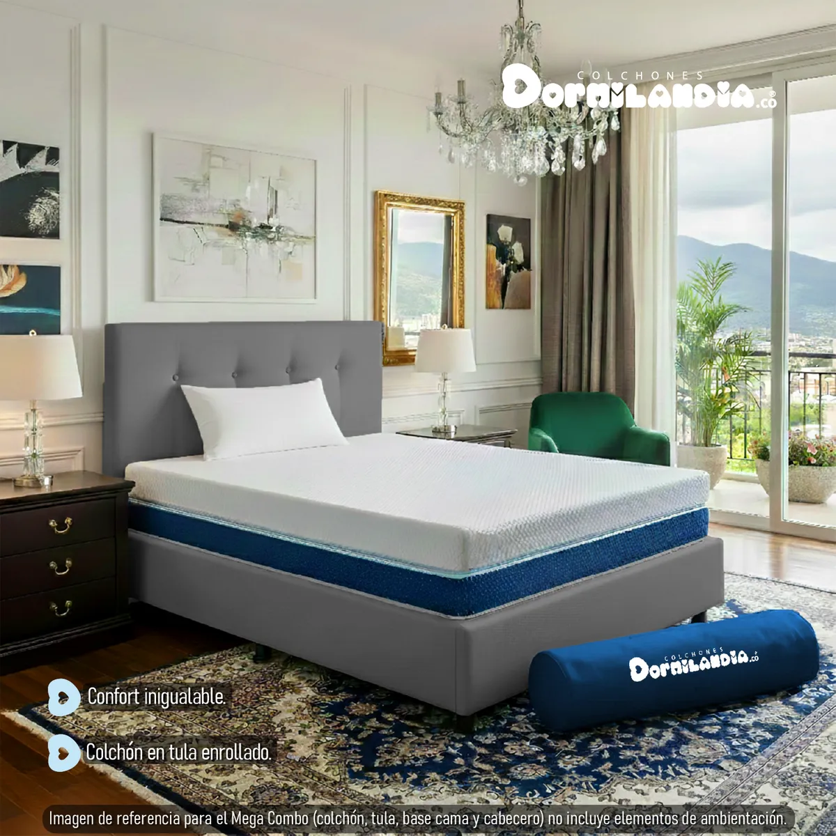 DORMILANDIA - Mega Combo Colchón Multisleep Cover Espumado Enrollado Sencillo Gris Más Base Cama, Cabecero y 1 Almohada