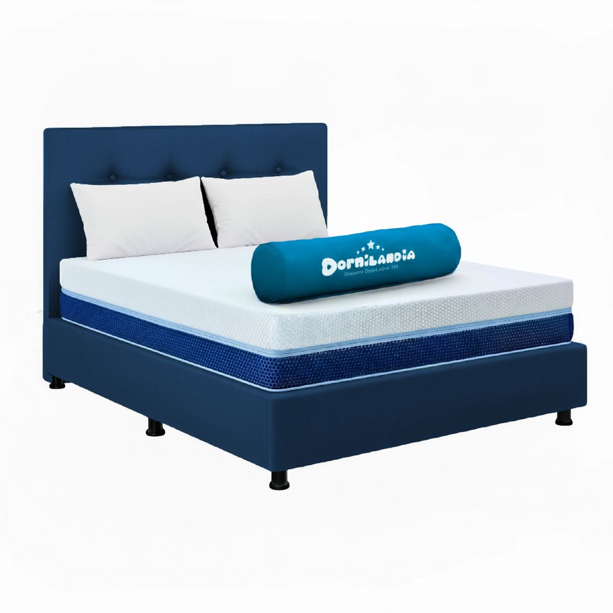 DORMILANDIA - Mega Combo Colchón Multisleep Enrollado Doble Azul Más Base Cama, Cabecero y 2 Almohadas