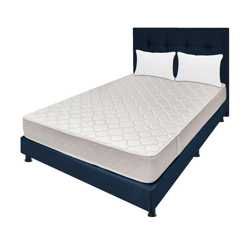 DORMILANDIA - Combo colchón doble 140x190 espumado multisleep azul+base cama entera+cabecero+almohadas.