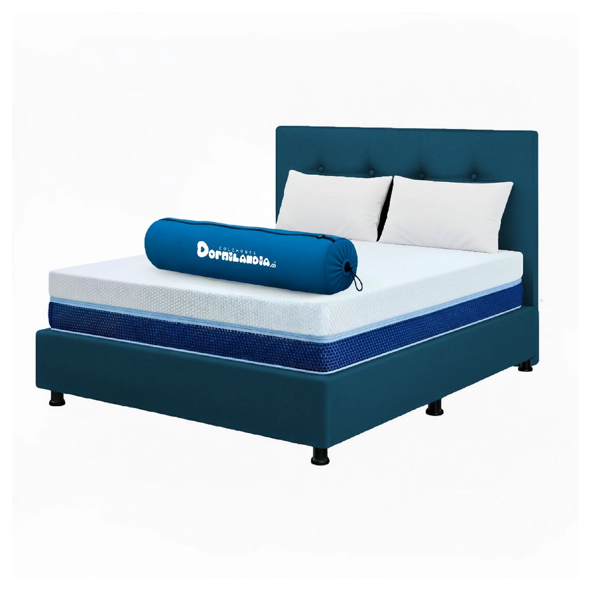 DORMILANDIA - Mega Combo Colchón Multisleep Cover Enrollado Semidoble Azul Más Base Cama, Cabecero y 2 Almohadas
