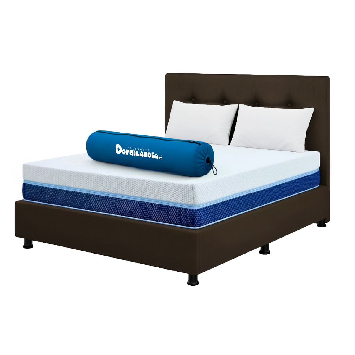 DORMILANDIA - Mega Combo Colchón Multisleep Cover Enrollado Doble Café Más Base Cama, Cabecero y 2 Almohadas.