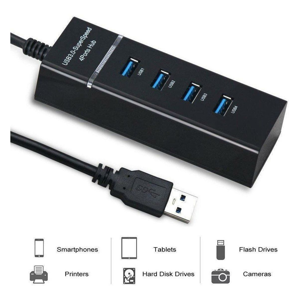 GENERICO - Hub Usb 3.0 4 Puertos De 5 Gbps Cable 30 Negro