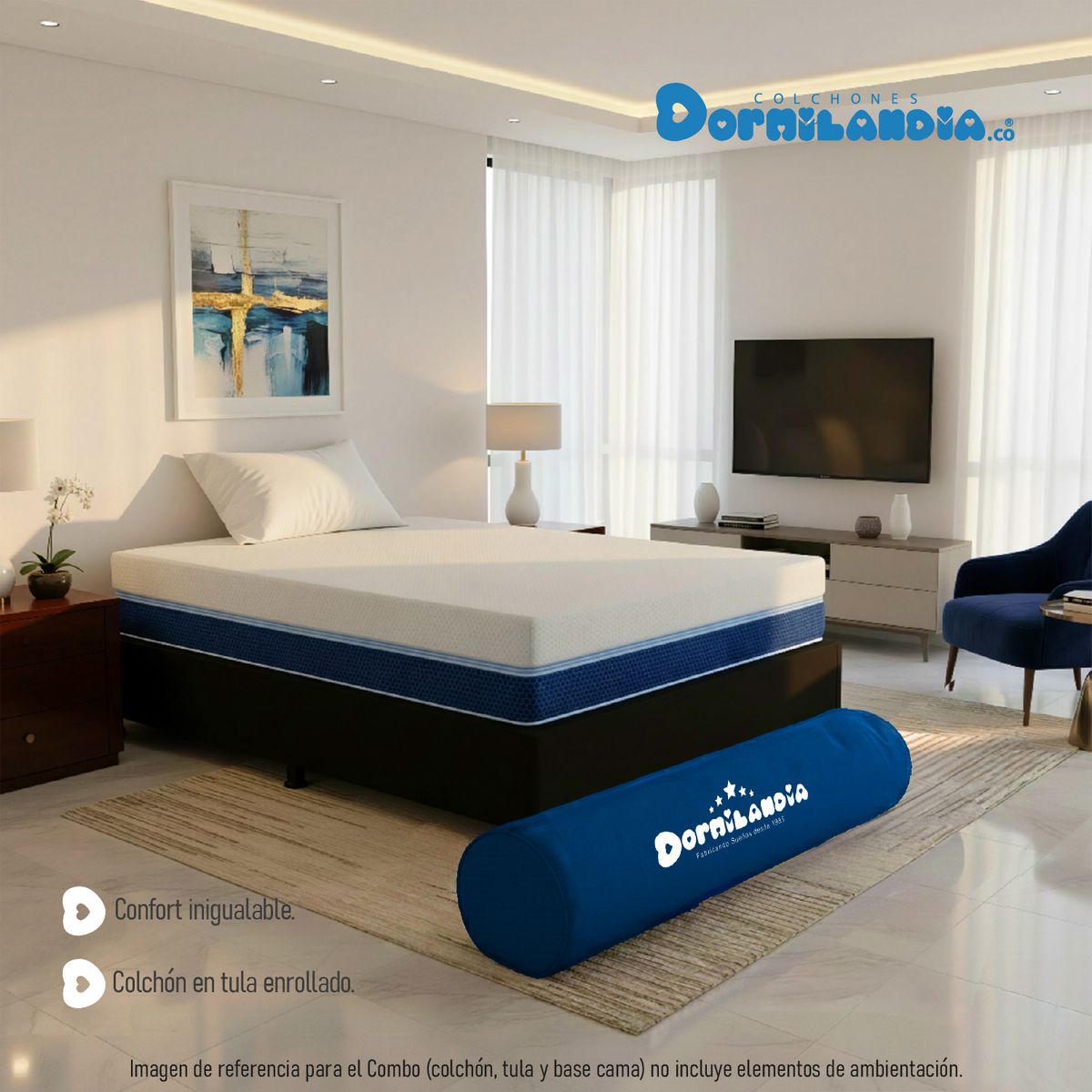 DORMILANDIA - Combo Colchón Multisleep Cover Enrollado Sencillo Negro Más Base Cama y 1 Almohada
