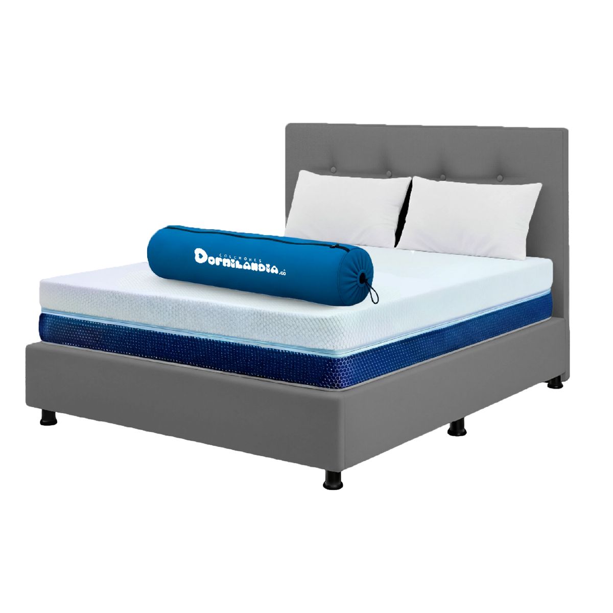 DORMILANDIA - Mega Combo Colchón Multisleep Cover Enrollado Doble Gris Más Base Cama, Cabecero y 2 Almohadas