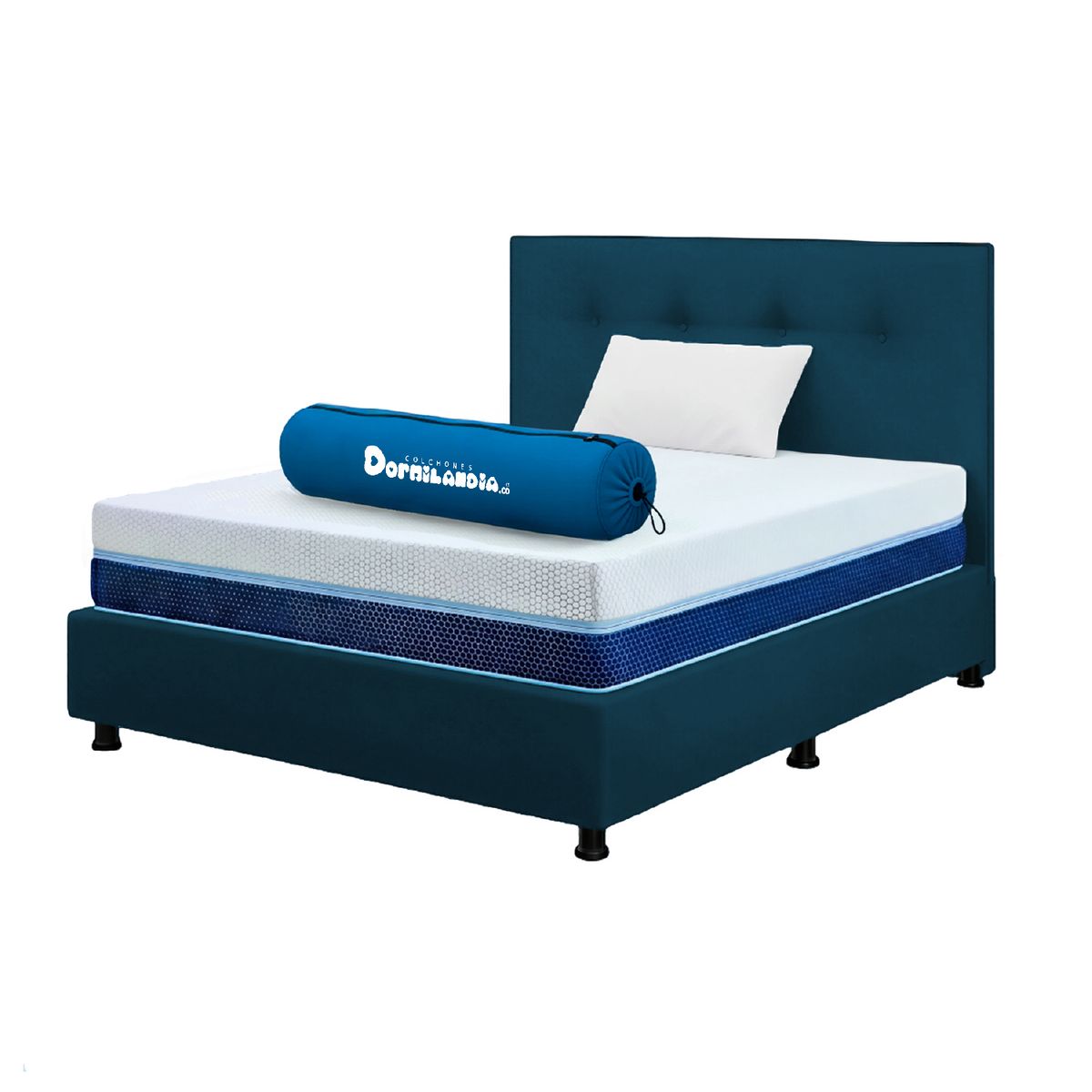 DORMILANDIA - Mega Combo Colchón Multisleep Cover Enrollado Sencillo Azul Más Base Cama, Cabecero y 1 Almohada