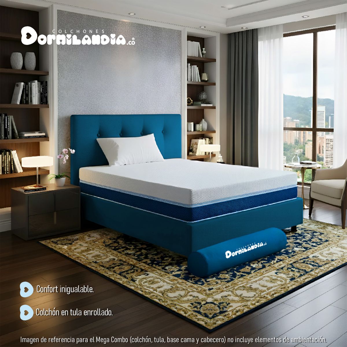 DORMILANDIA - Mega Combo Colchón Multisleep Cover Enrollado Sencillo Azul Más Base Cama, Cabecero y 1 Almohada