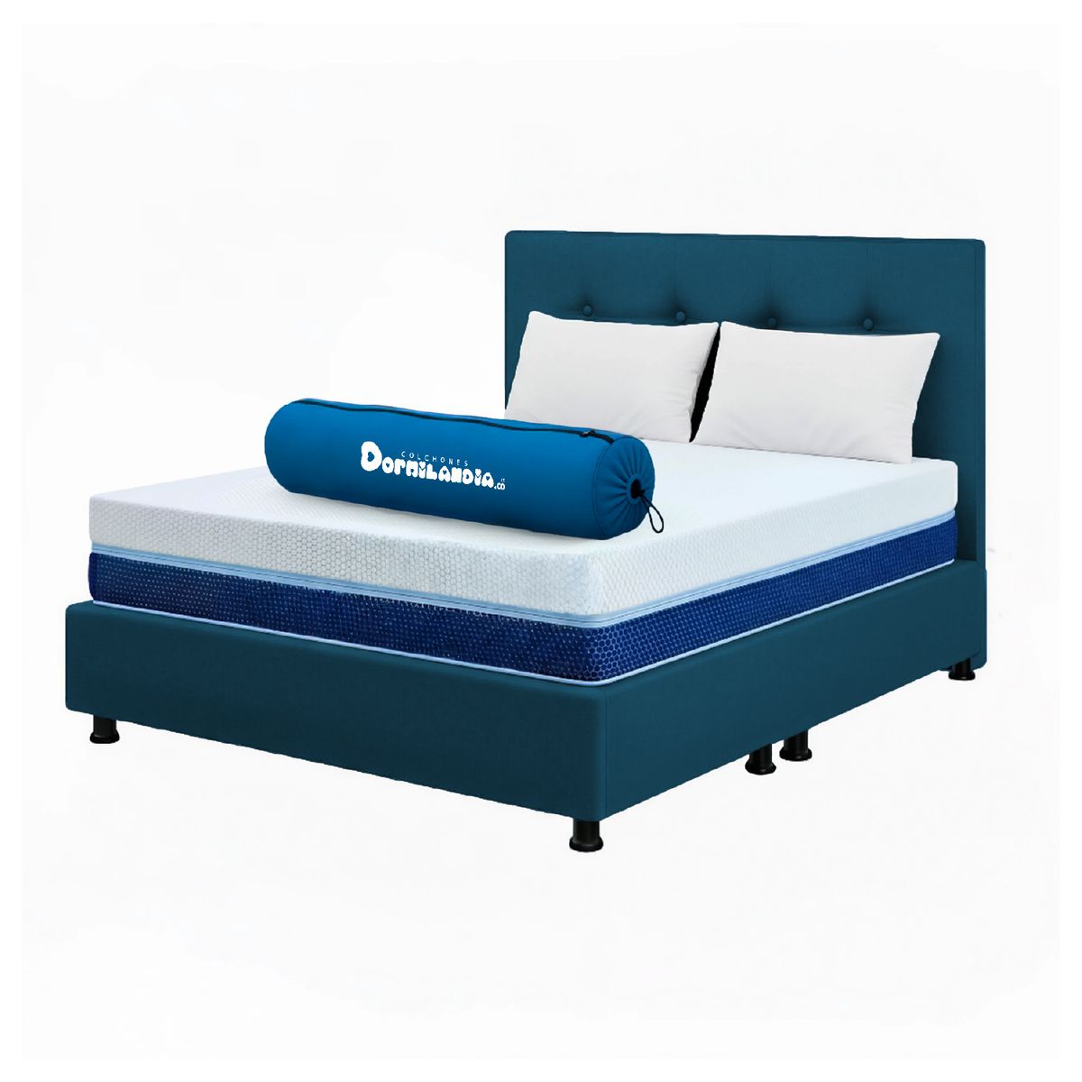 DORMILANDIA - Mega Combo Colchón Multisleep Cover Espumado Enrollado Queen Azul Más Base Cama, Cabecero y 2 Almohadas