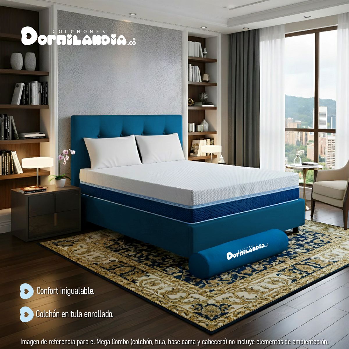 DORMILANDIA - Mega Combo Colchón Multisleep Cover Espumado Enrollado Queen Azul Más Base Cama, Cabecero y 2 Almohadas