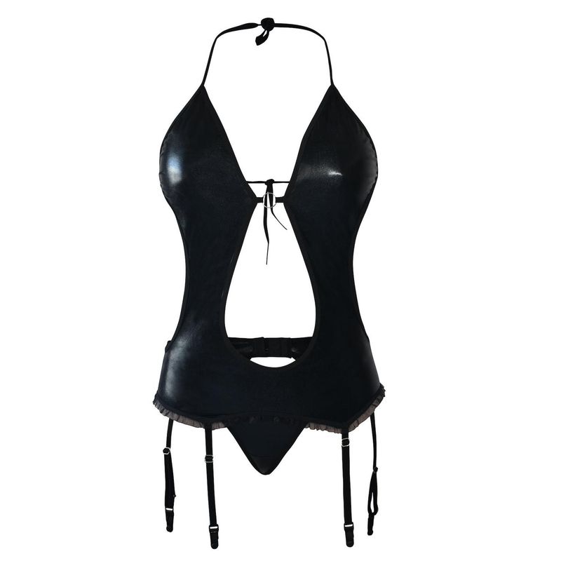 ELECTRIK LINGERIE - Body con Liguero en Lamet Negro - Brillo Audaz