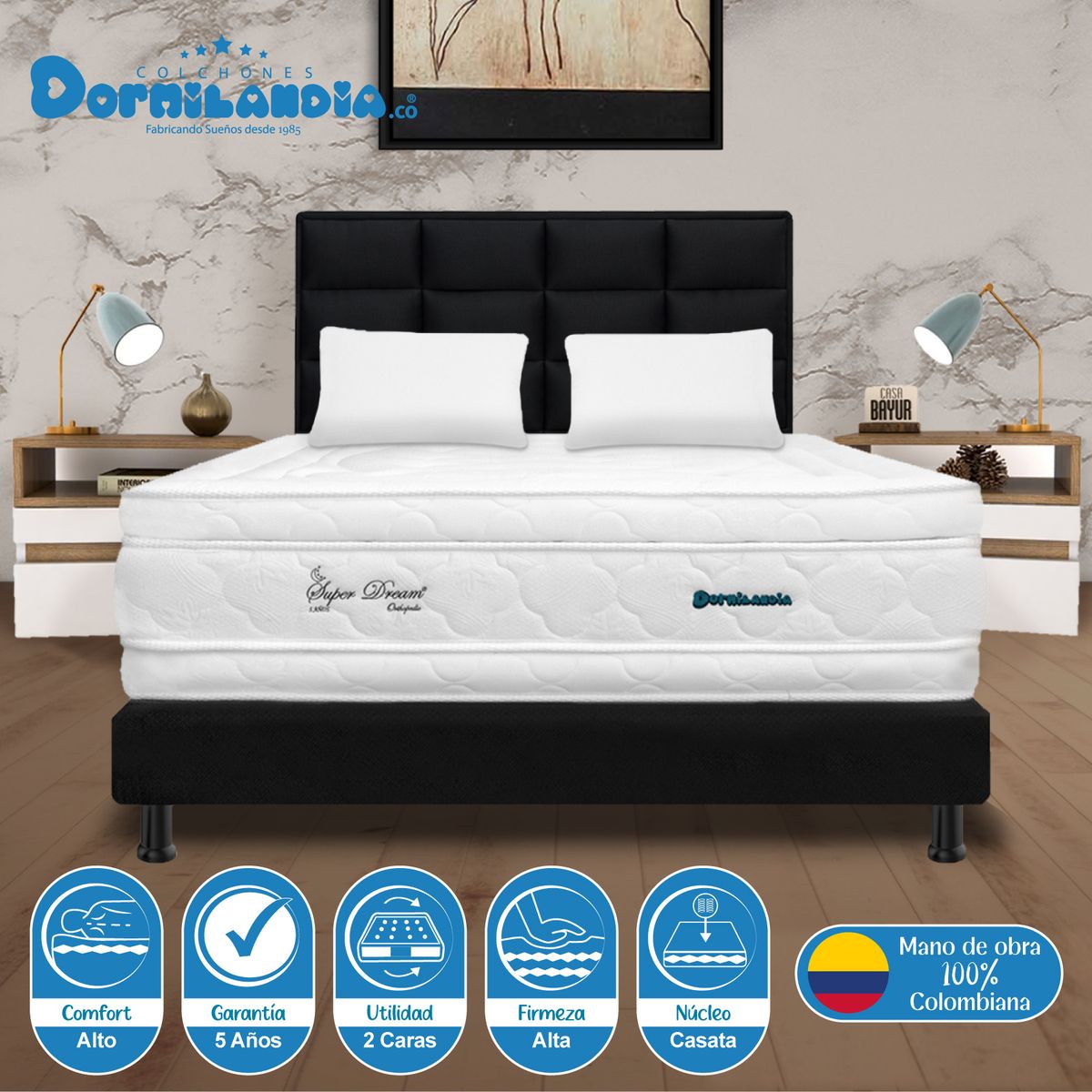 DORMILANDIA - Combo colchón king 200x200 espumado super dream plus + base cama dividida + cabecero