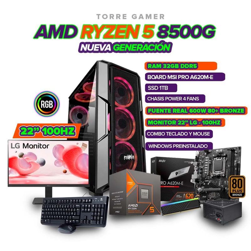 AMD - TORRE GAMER RYZEN 5 8500G/ 32GB RAM 1TB SSD/ A620/CHASIS 4FAN/ MONITOR 22" 100HZ