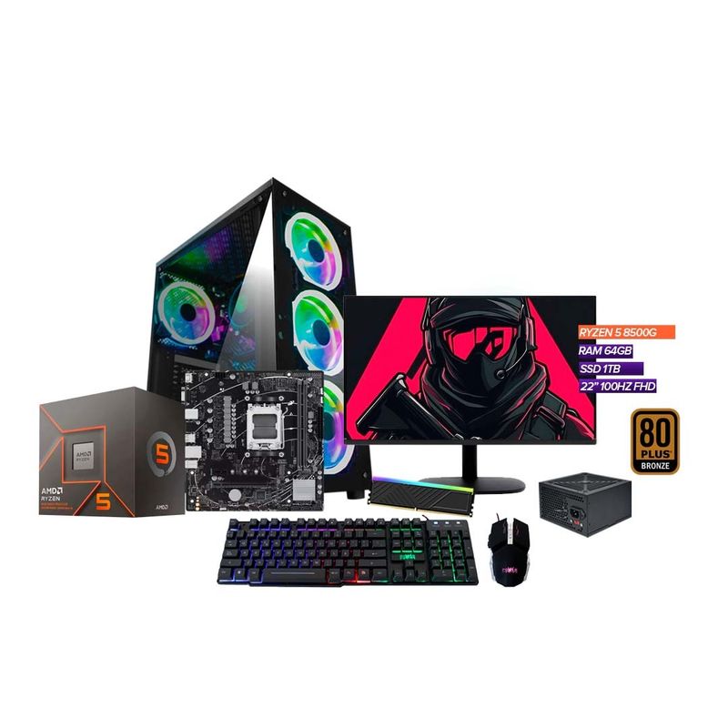 AMD - TORRE GAMER RYZEN 5 8500G/ 64GB RAM 1TB SSD/ A620/CHASIS 4FAN/ MONITOR 22" 100HZ