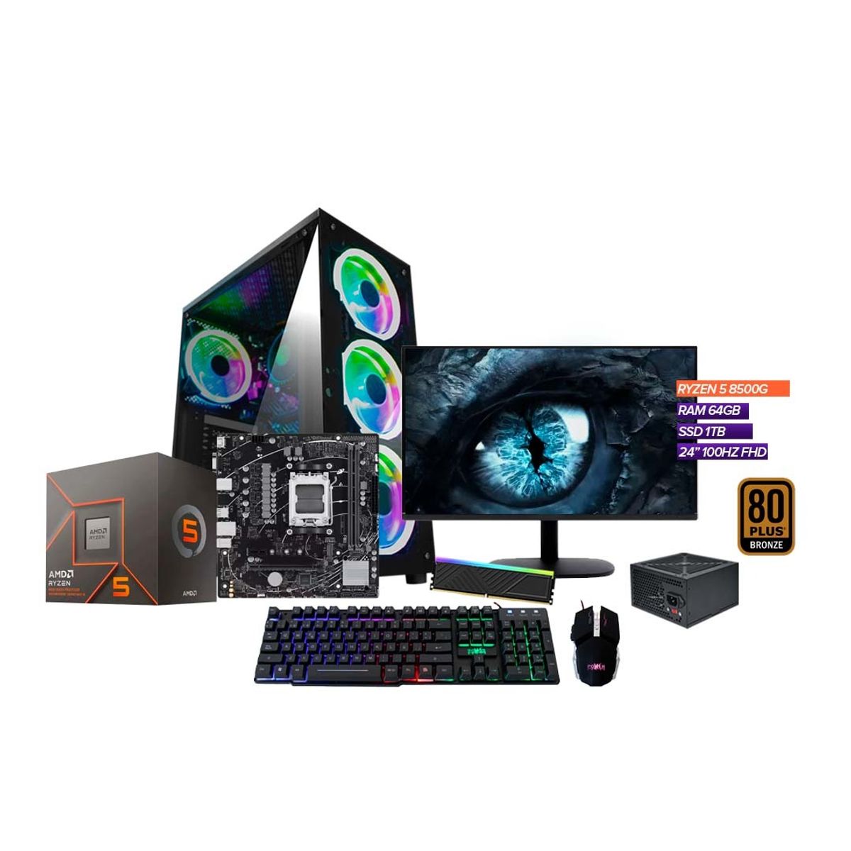AMD - TORRE GAMER RYZEN 5 8500G/ 64GB RAM 1TB SSD/ A620/CHASIS 4FAN/ MONITOR 24" 100HZ