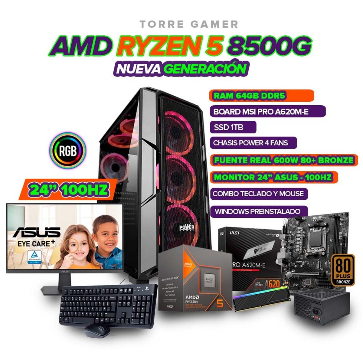 AMD - TORRE GAMER RYZEN 5 8500G/ 64GB RAM 1TB SSD/ A620/CHASIS 4FAN/ MONITOR 24" 100HZ