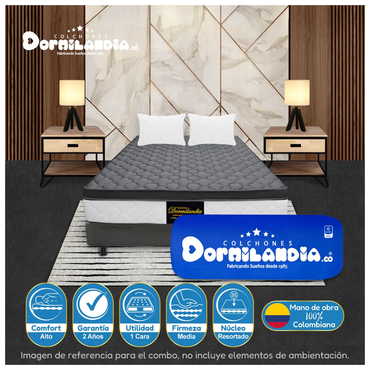 DORMILANDIA - Colchón Gris Queen 160x190 Resortado Dublín Enrollado+Base Cama+Almohadas