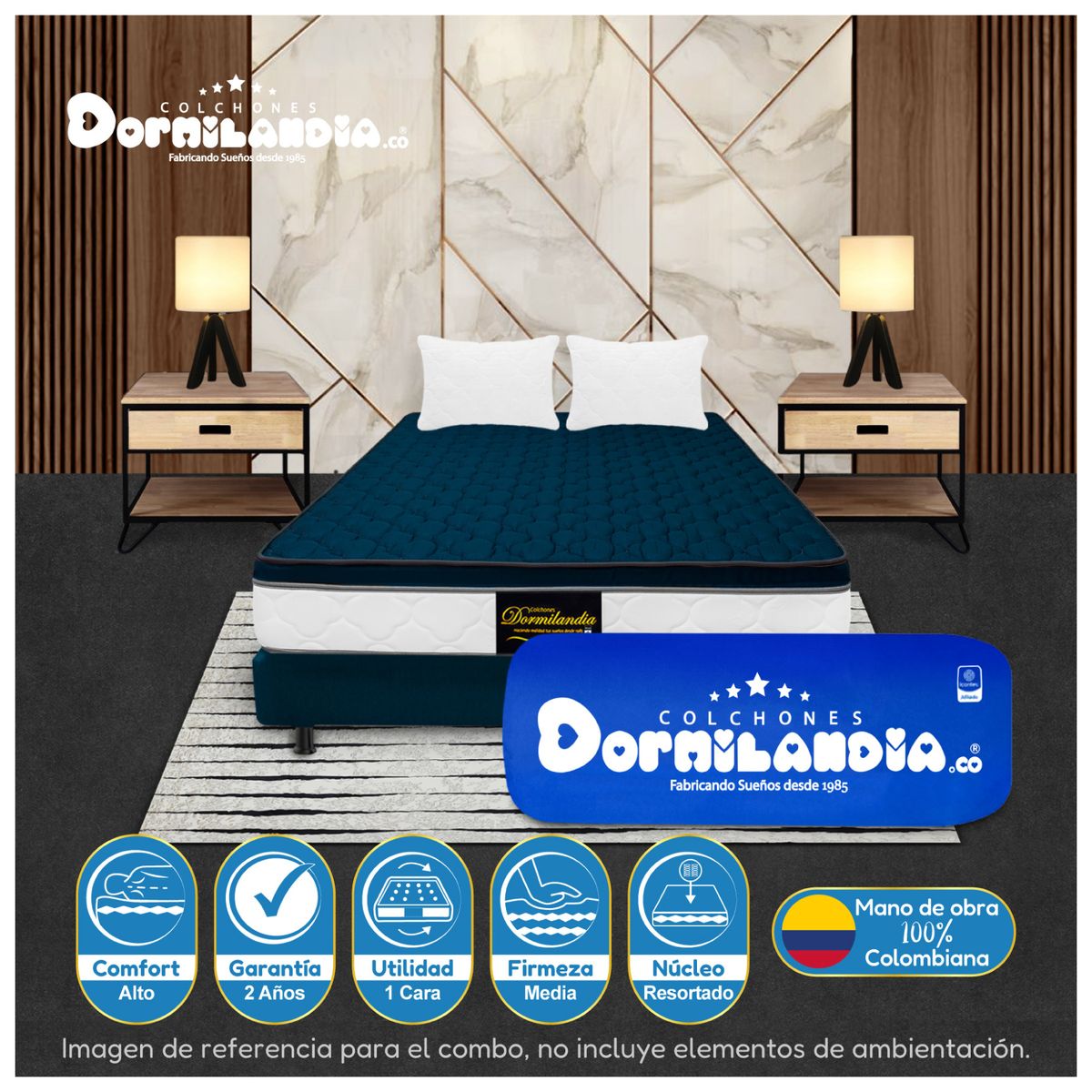 DORMILANDIA - Colchón Azul Doble 140x190 Resortado Dublín Enrollado+Base Cama+Almohadas