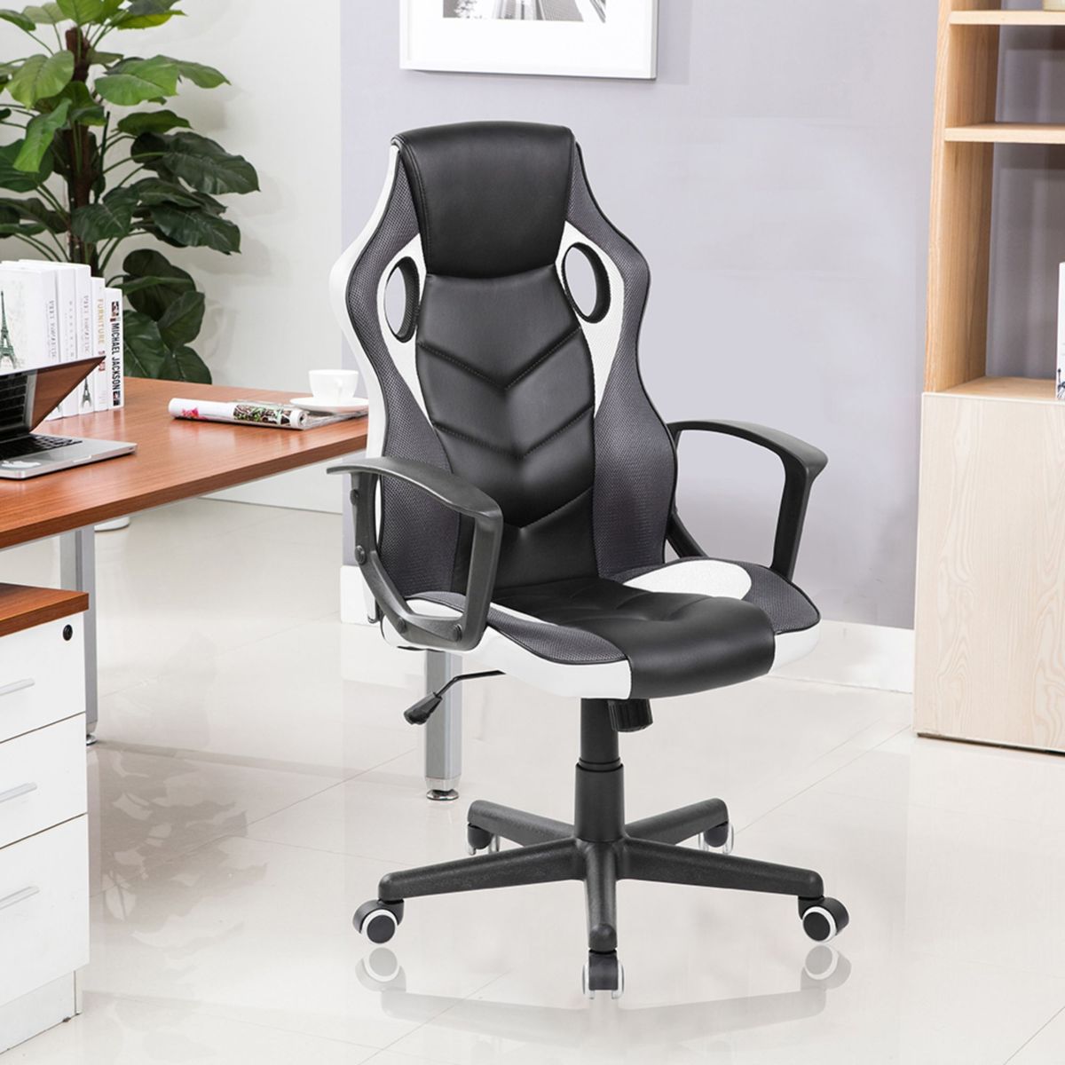 AKIVOY - Silla Gamer Rocker Para Oficina en Cuero Acolchada Giratoria Ngr-Blan-
