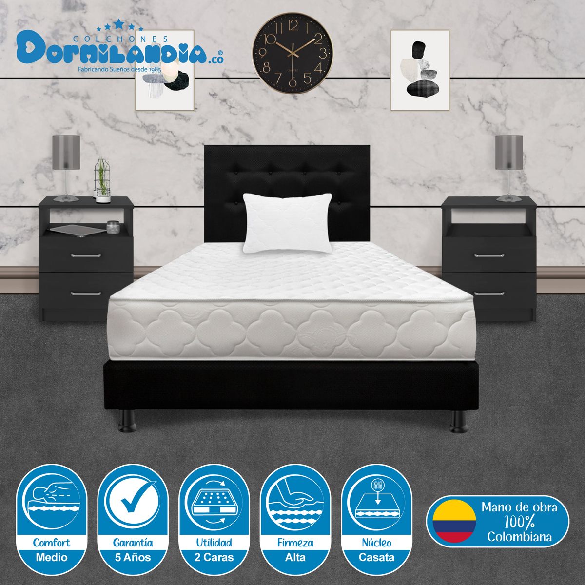 DORMILANDIA - Combo colchón sencillo 100x190 espumado macizo  base cama entera  cabecero  almohada.