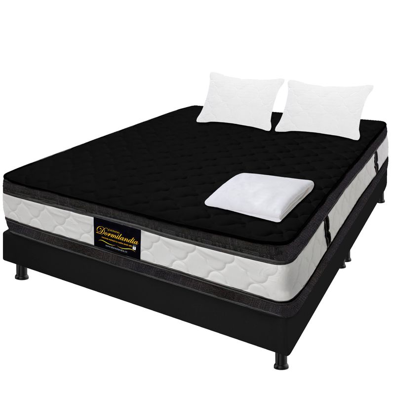 DORMILANDIA - Combo colchón doble 140x190 resortado marshall negro  base cama entera  sábana  almohadas