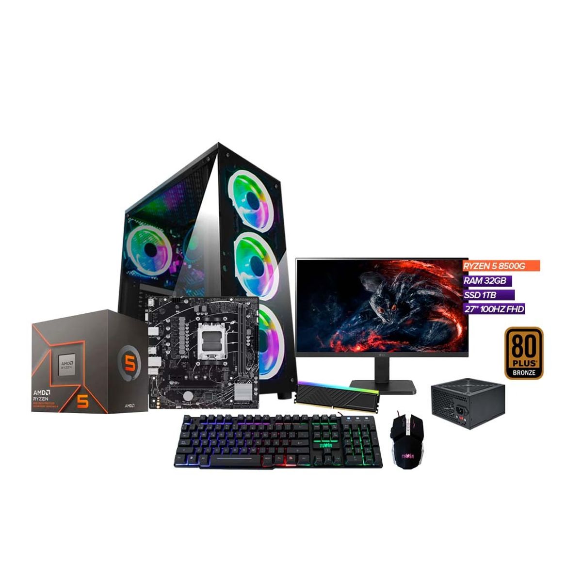 AMD - TORRE GAMER RYZEN 5 8500G/ 32GB RAM 1TB SSD/ A620/CHASIS 4FAN/ MONITOR 27" 100HZ