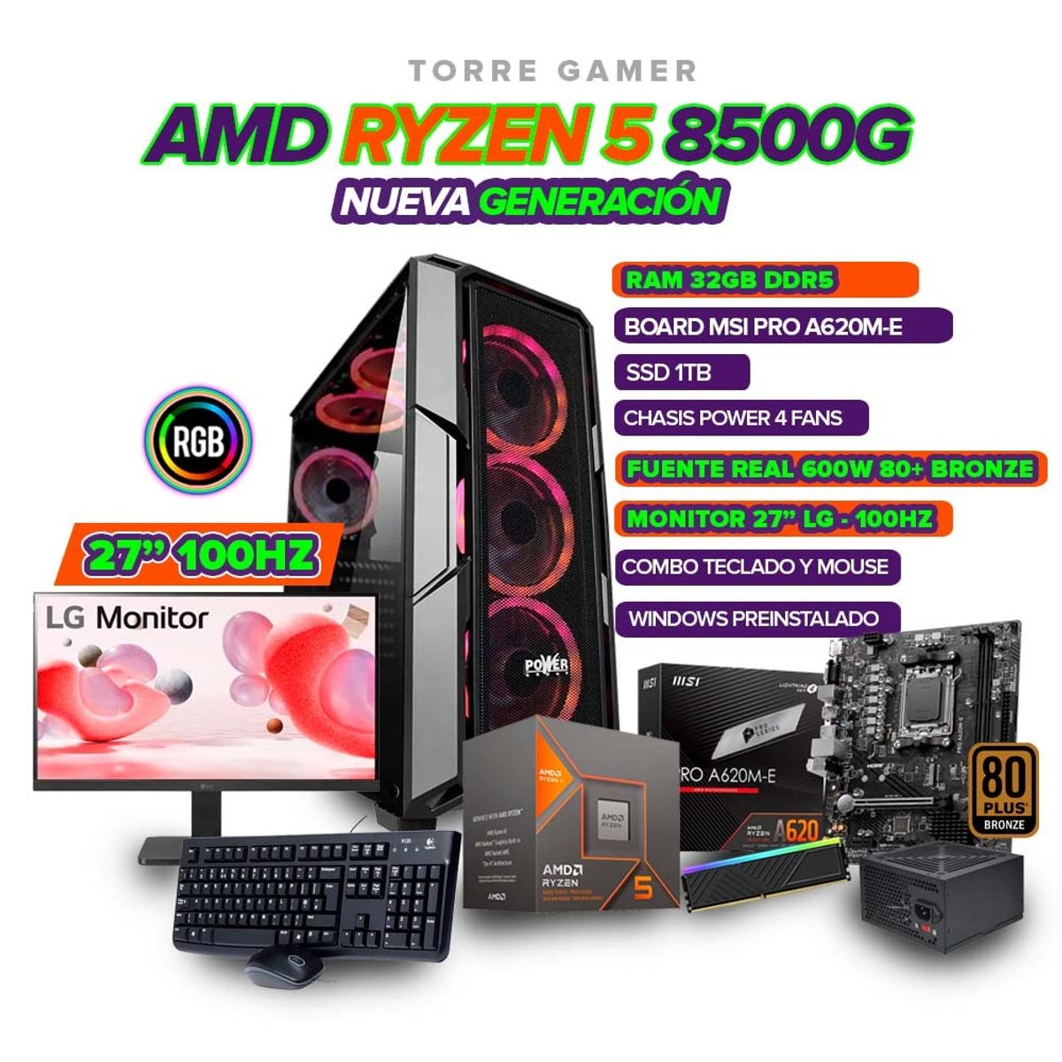 AMD - TORRE GAMER RYZEN 5 8500G/ 32GB RAM 1TB SSD/ A620/CHASIS 4FAN/ MONITOR 27" 100HZ