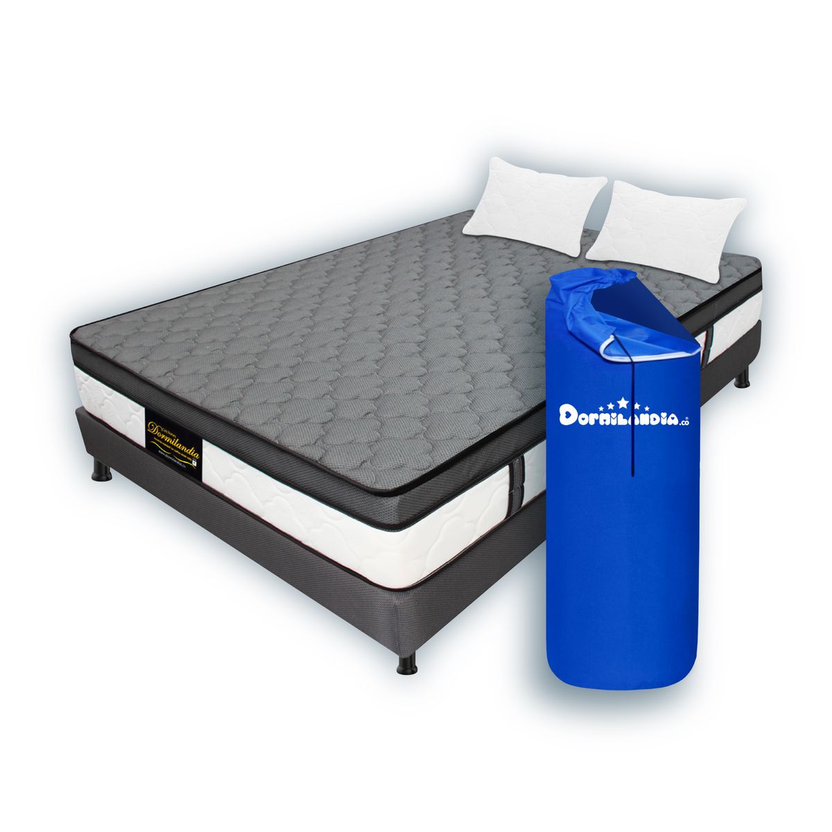 DORMILANDIA - Colchón Gris Semidoble 120x190 Resortado Dublín Enrollado+Base Cama+Almohada