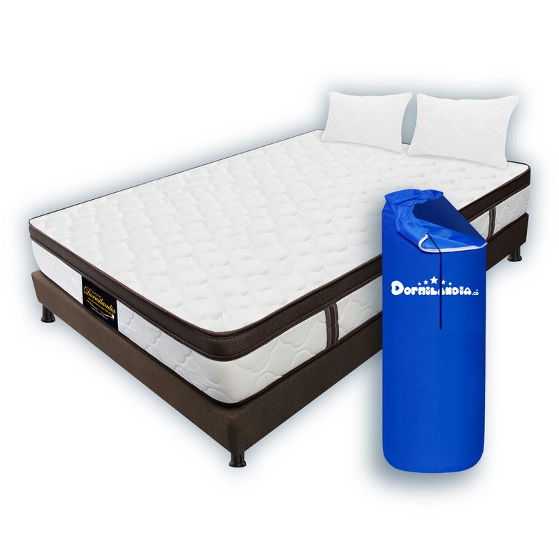 DORMILANDIA - Colchón Café Queen 160x190 Resortado Dublín Enrollado+Base Cama+Almohadas