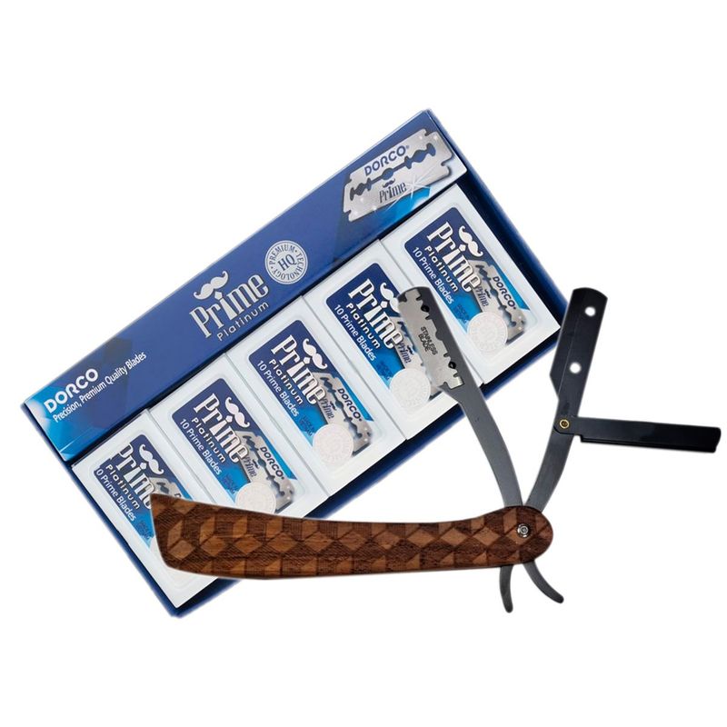PRIME - Kit Lujo Barbera Navaja Madera + 100 Cuchillas Prime Pro