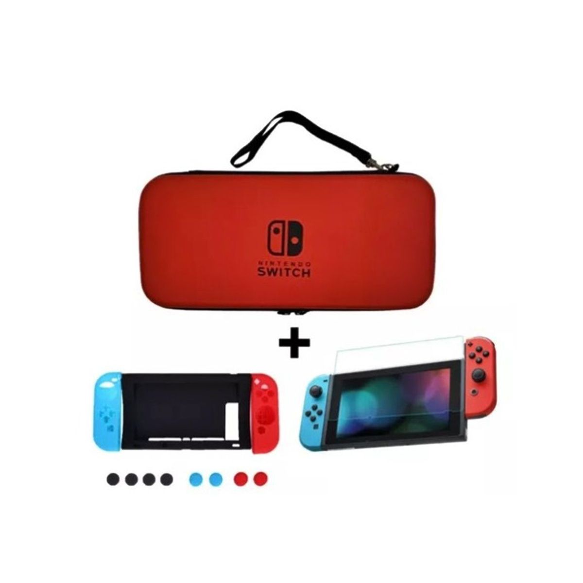 GENERICO - Estuche Rojo + Kit En Silicona 8 En 1 + Vidrio Para Switch