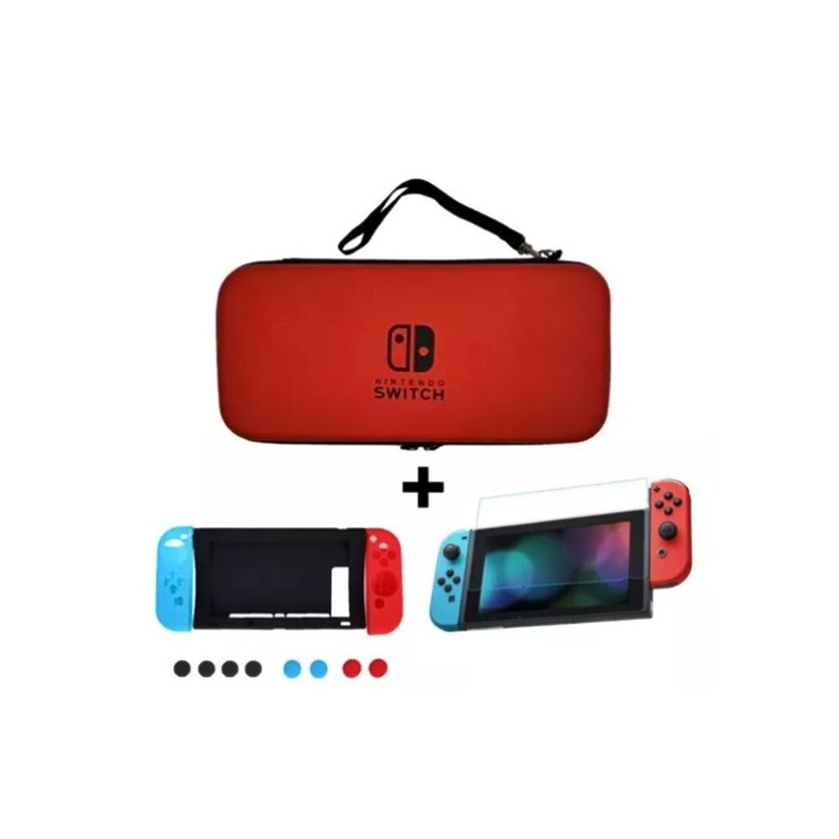 GENERICO - Estuche Rojo + Kit En Silicona 8 En 1 + Vidrio Para Switch