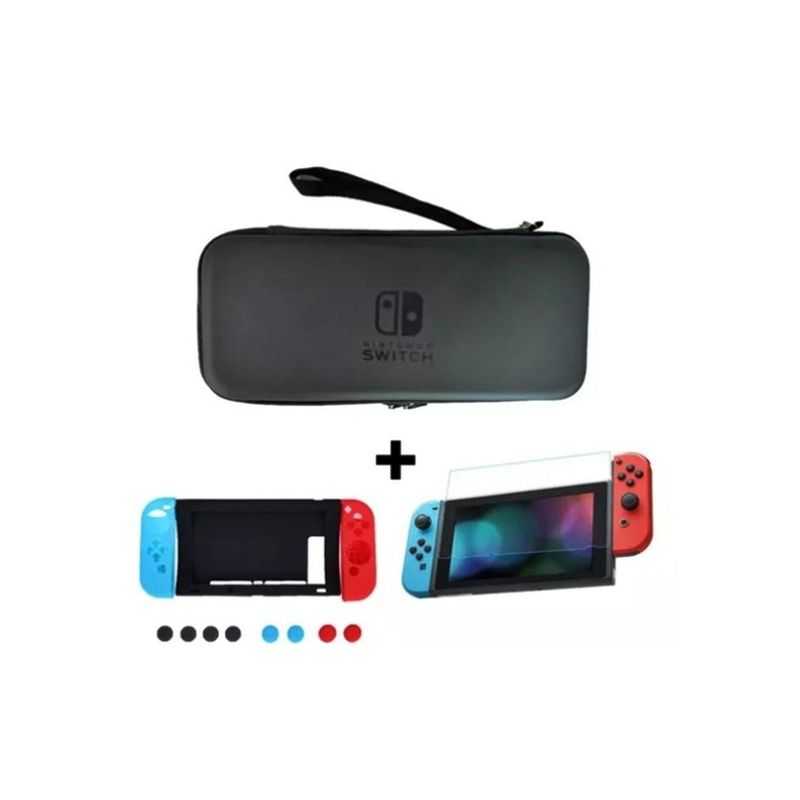 GENERICO - Estuche Negro + Kit En Silicona 8 En 1 + Vidrio Para Switch