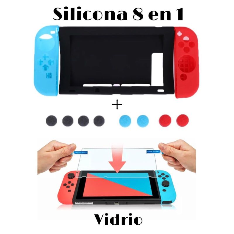 GENERICO - Funda Protectora Silicona 8 en 1 + Vidrio Para Nintendo Switch