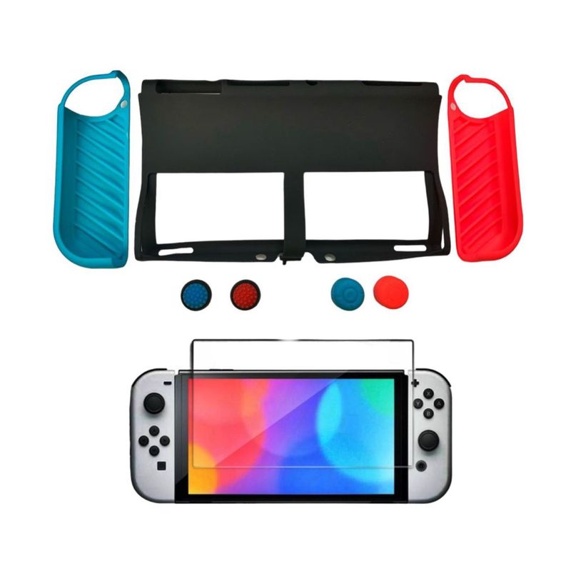 GENERICO - Funda Protectora Silicona 7 en 1 + Vidrio Para Nintendo Switch OLED