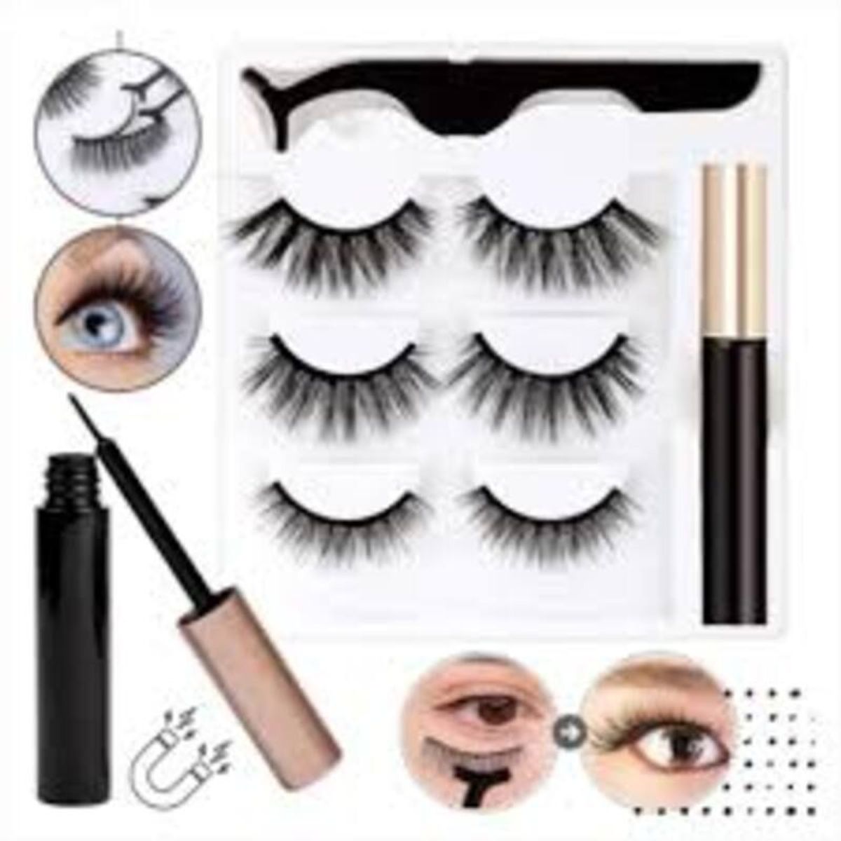GENERICO - Pestañas  magnéticas 5 imán + delineador magnético + pinzas.---