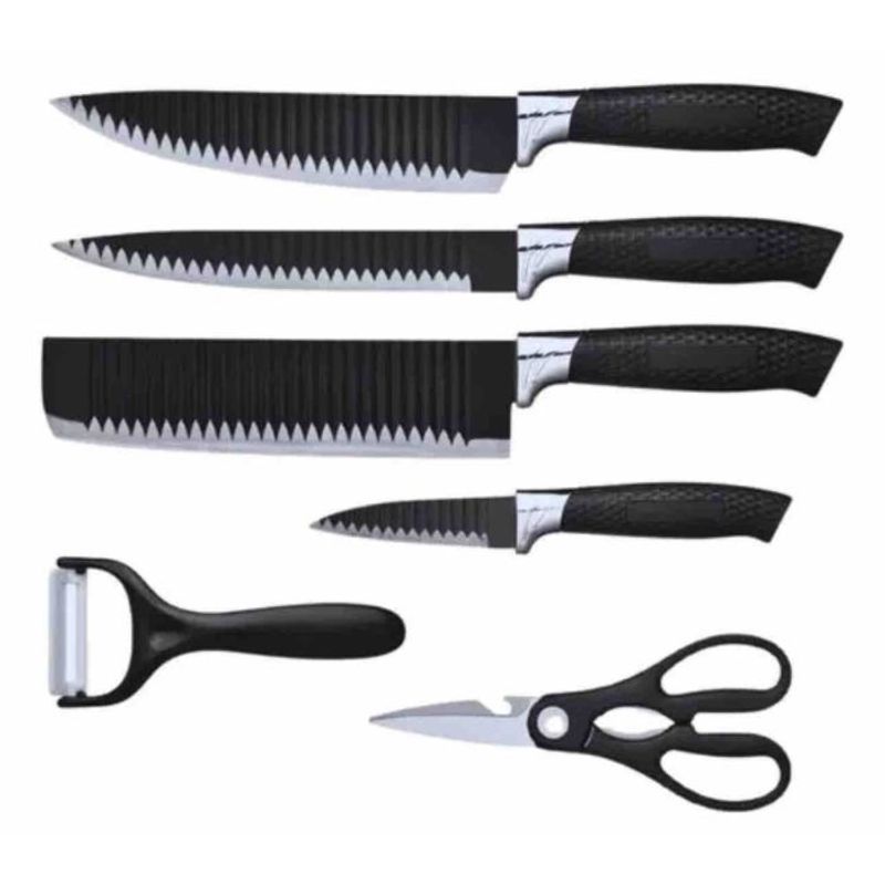 GENERICO - Set de cuchillos 7 piezas profesional+pelador+tijeras color negro