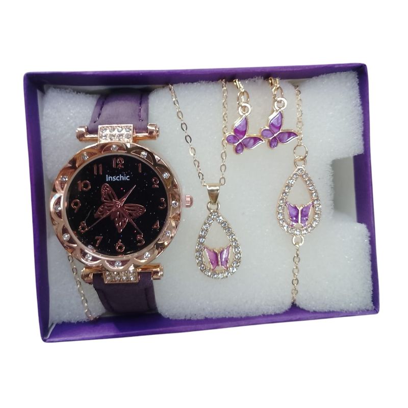VANIDADES COLLECTIONS - Kit Reloj Mariposa Para Mujer + Juego De Collar Aretes Morado