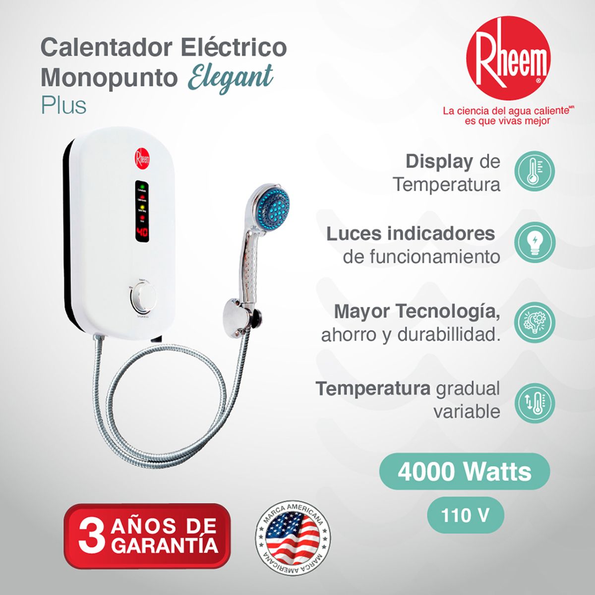 RHEEM - Calentador De Agua Eléctrico Rheem Elegant Plus 110v 4kw