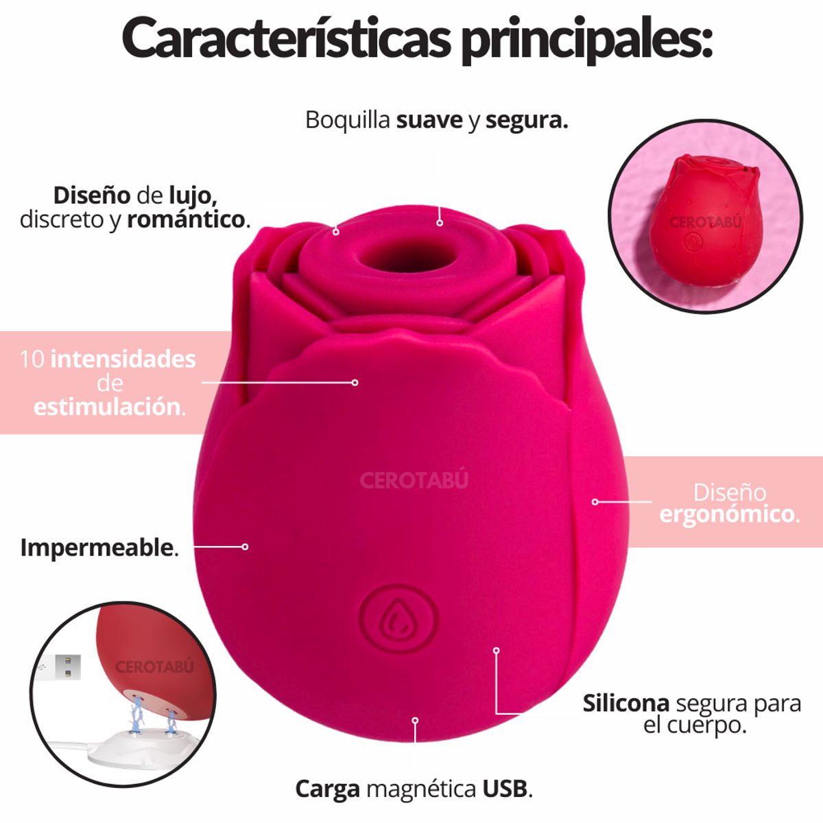 GENERICO - Vibrador Succionador Clitoris Recargable Juguete Sexual Rosa Premium
