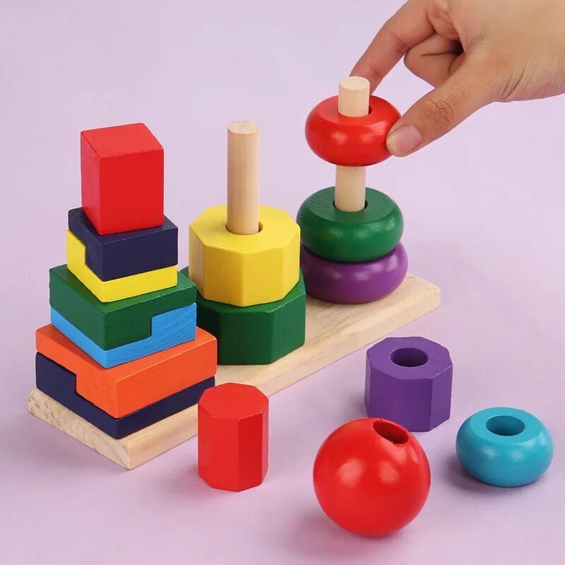 GENERICO - Torre de Apilar Figuras Geometricas Madera Montessori
