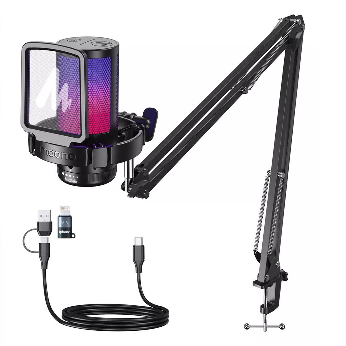 GENERICO - Micrófono Gamer Usb Condensador Cancelación Ruido Soporte Brazo Maono